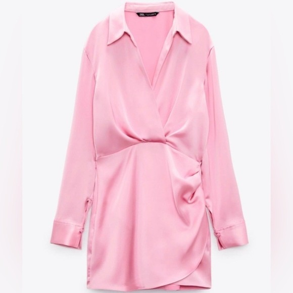 Zara Bubblegum Pink Satin Dress Size Large Faux Wrap Coquette Fairy Cocktail - Picture 2 of 6